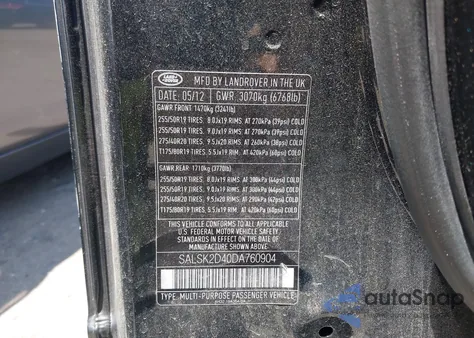 2013 Land Rover Range Rover Sport Hse from USA, damaged, VIN SALSK2D40DA760904